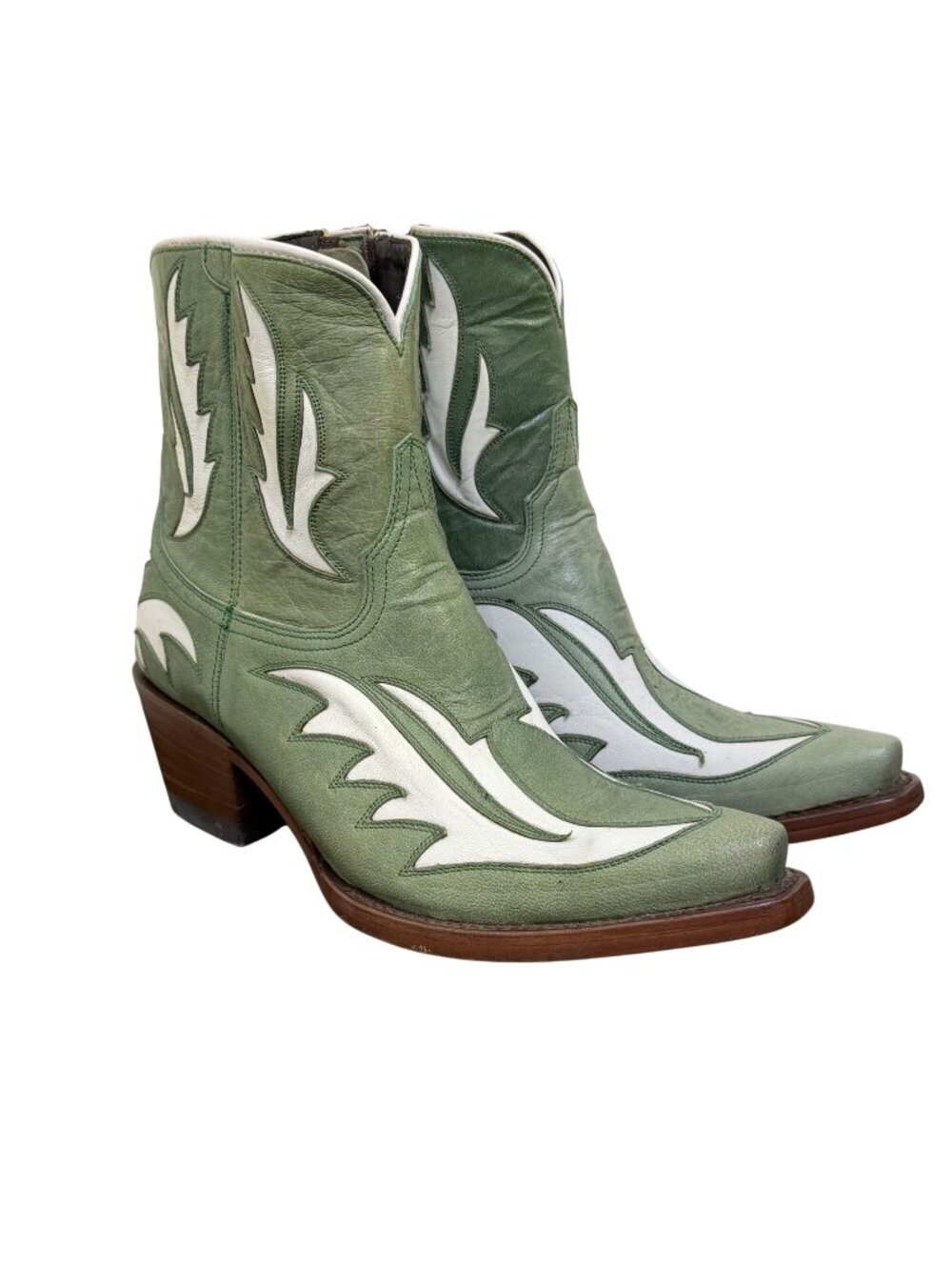 NWOT Azulado Green & White Leather Western Ankle Boots 8